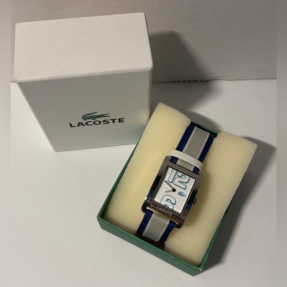 Ladies Lacoste Watch Blue/ Beige/White Grosgrain Strap